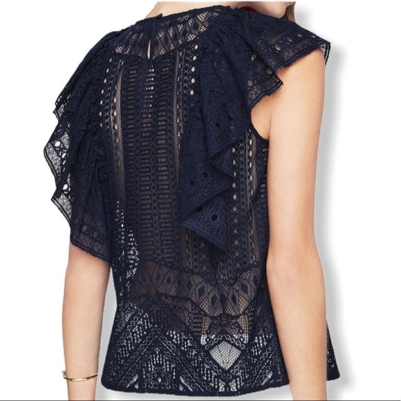 BCBGMaxAzria Nishka Dark Navy Ruffle Lace Top NWT - Picture 2 of 13